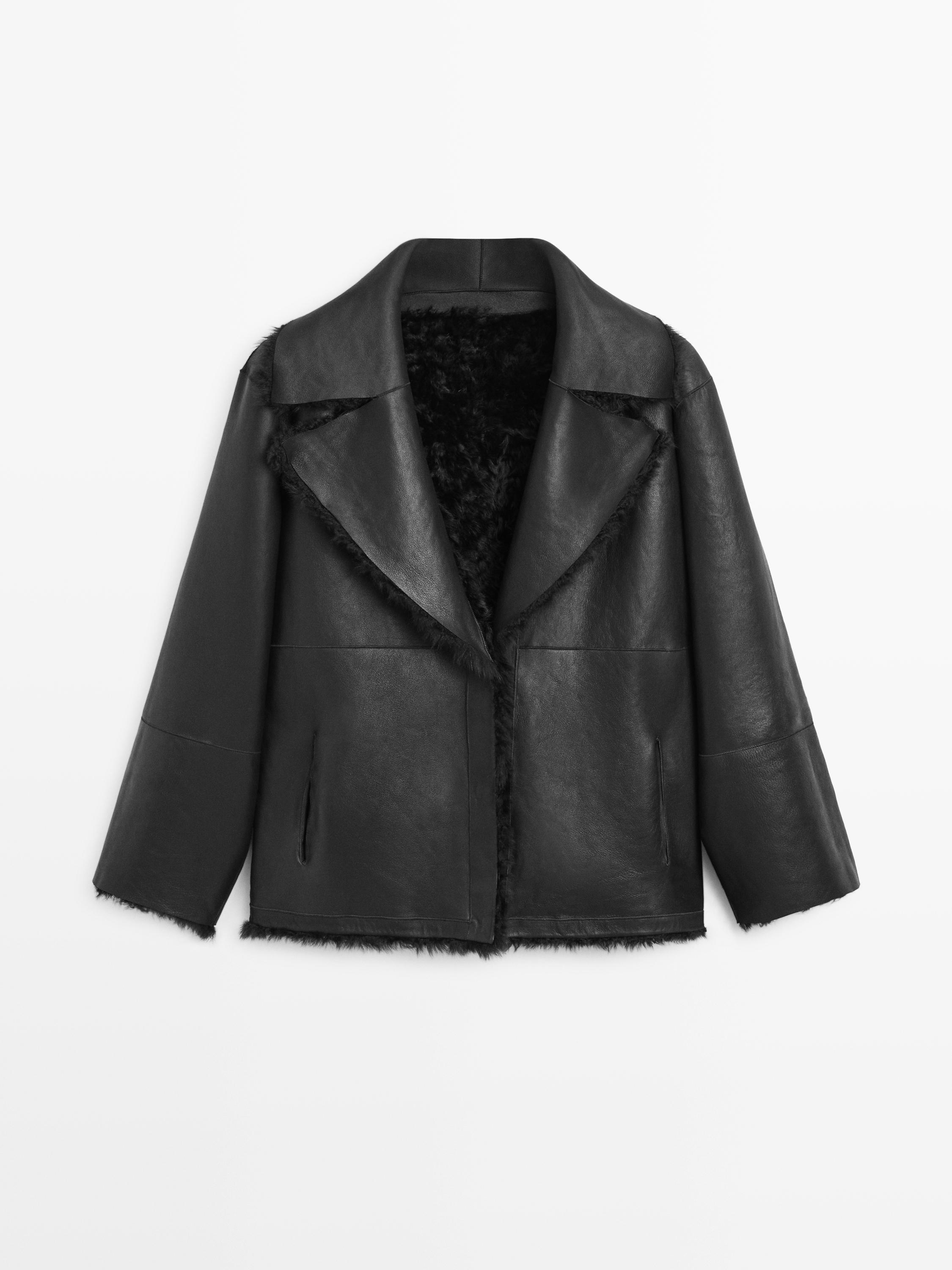 Sheepskin leather coat with lapel collar